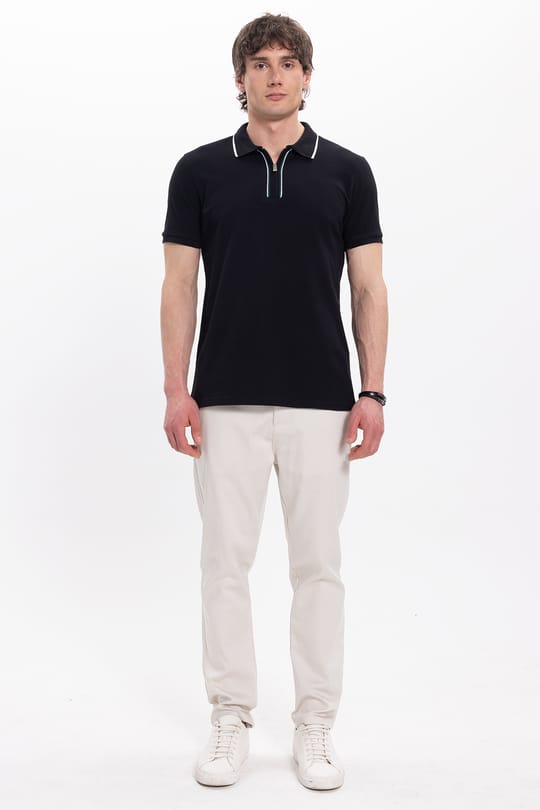 Erkek Slim Fit Dar Kesim %100 Pamuk Kısa Kollu Yarım Fermuarlı Siyah Polo Yaka Tişört