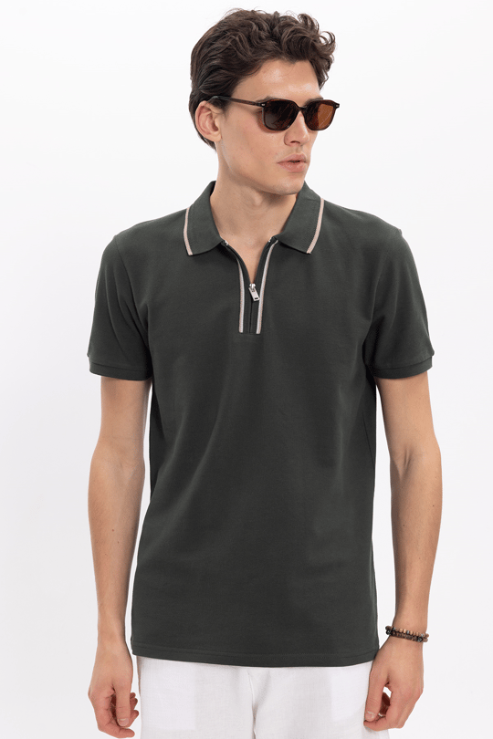 Erkek Slim Fit Dar Kesim %100 Pamuk Kısa Kollu Yarım Fermuarlı Yeşil Polo Yaka Tişört