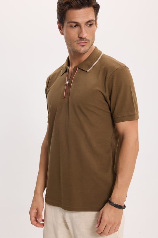 Erkek Slim Fit Dar Kesim %100 Pamuk Kısa Kollu Yarım Fermuarlı Vizon Polo Yaka Tişört