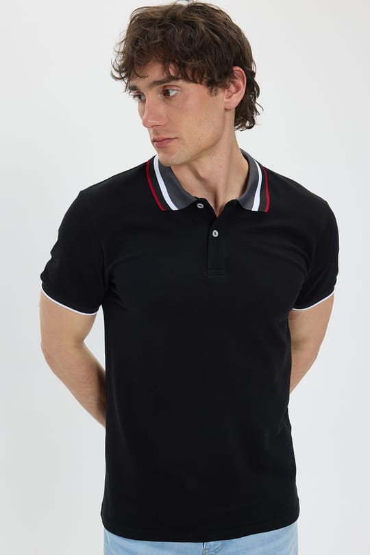 Erkek Slim Fit Dar Kesim %100 Pamuk Siyah Polo Yaka Tişört