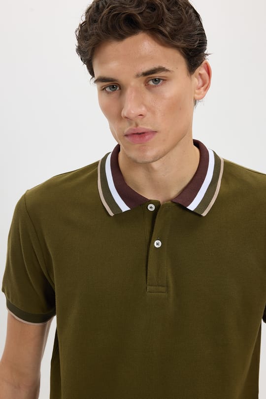 Erkek Slim Fit Dar Kesim %100 Pamuk Haki Polo Yaka Tişört