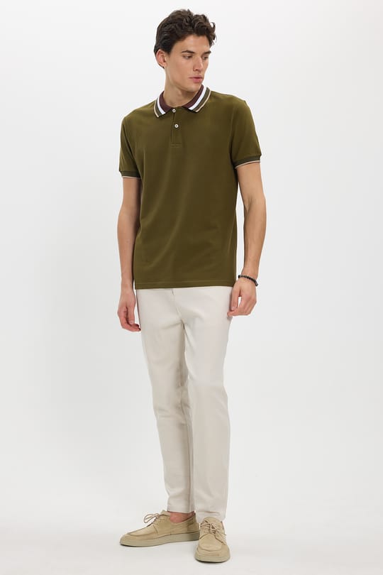 Erkek Slim Fit Dar Kesim %100 Pamuk Haki Polo Yaka Tişört