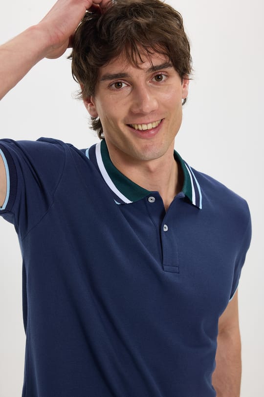 Erkek Slim Fit Dar Kesim %100 Pamuk Lacivert Polo Yaka Tişört