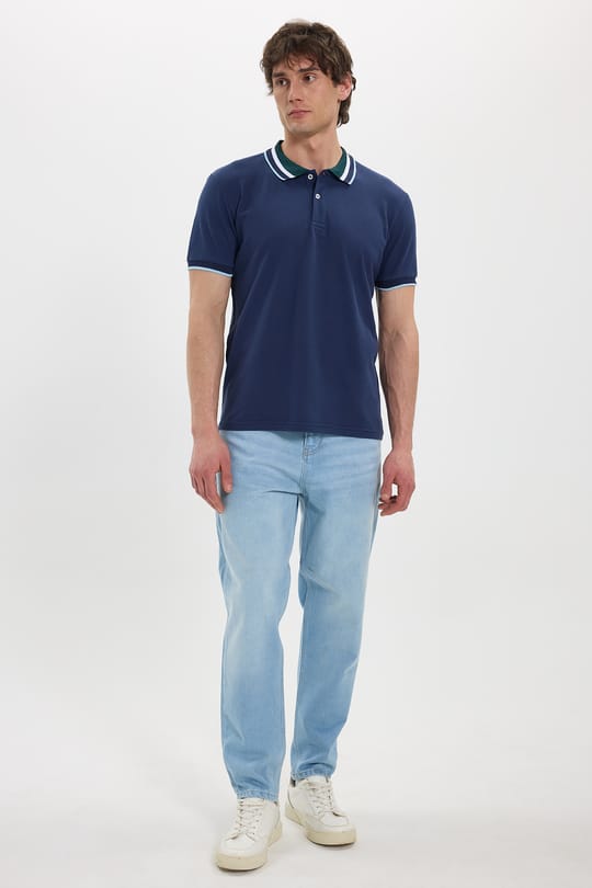 Erkek Slim Fit Dar Kesim %100 Pamuk Lacivert Polo Yaka Tişört