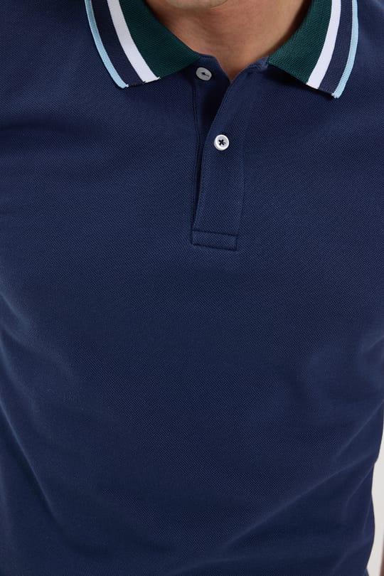 Erkek Slim Fit Dar Kesim %100 Pamuk Lacivert Polo Yaka Tişört