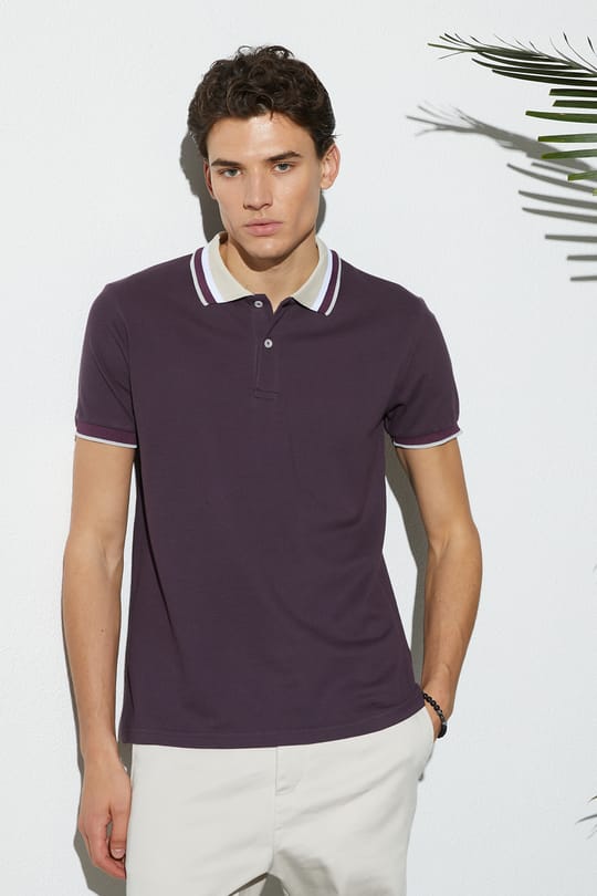 Erkek Slim Fit Dar Kesim %100 Pamuk Eflatun Polo Yaka Tişört