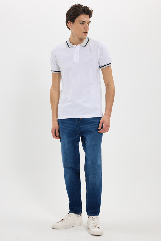 Erkek Slim Fit Dar Kesim %100 Pamuk Düz Pike Yaka ve Kol Detaylı Beyaz Polo Yaka Tişört