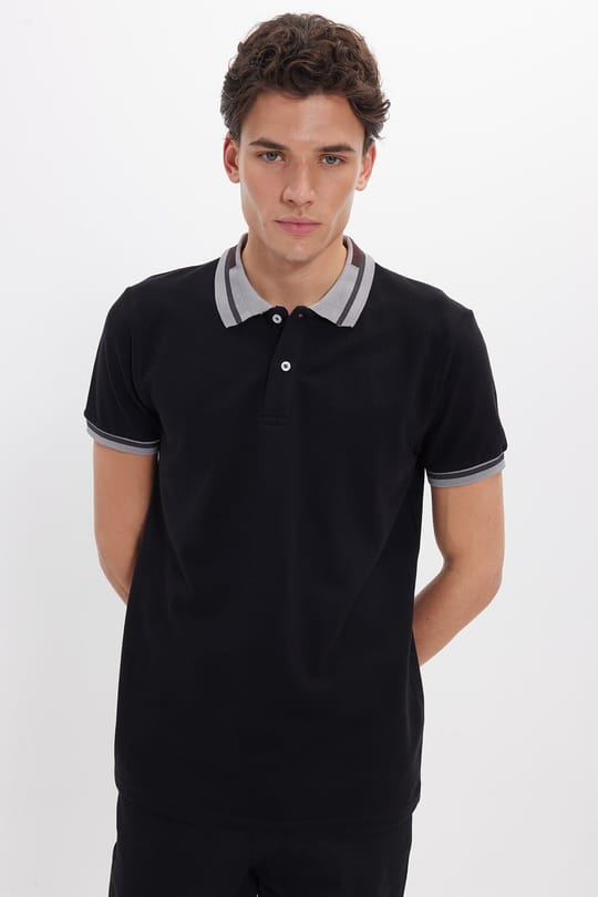 Erkek Slim Fit Dar Kesim %100 Pamuk Düz Pike Yaka ve Kol Detaylı Siyah Polo Yaka Tişört