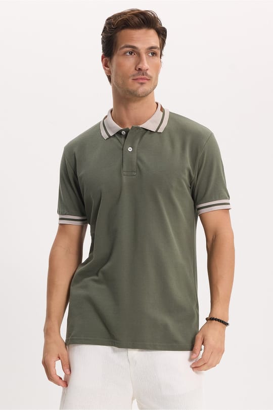 Erkek Slim Fit Dar Kesim %100 Pamuk Düz Pike Yaka ve Kol Detaylı Haki Polo Yaka Tişört