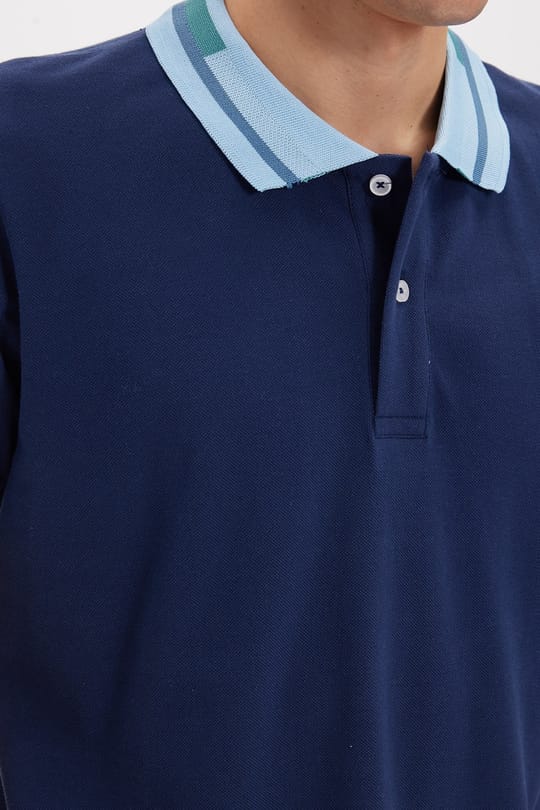 Erkek Slim Fit Dar Kesim %100 Pamuk Düz Pike Yaka ve Kol Detaylı Lacivert Polo Yaka Tişört