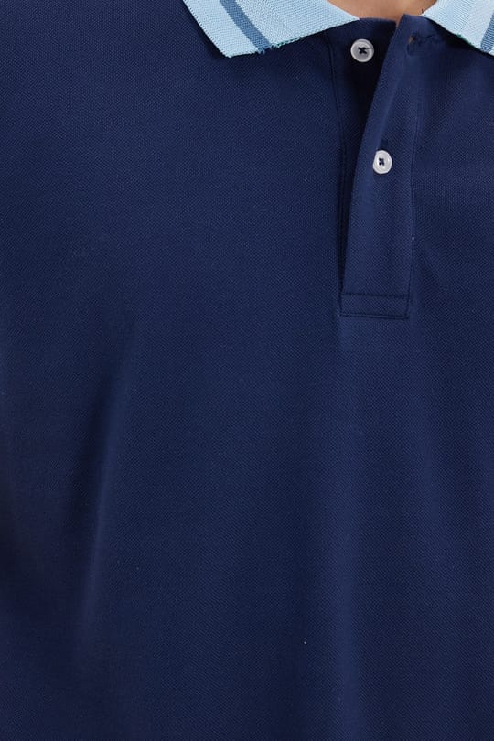Erkek Slim Fit Dar Kesim %100 Pamuk Düz Pike Yaka ve Kol Detaylı Lacivert Polo Yaka Tişört