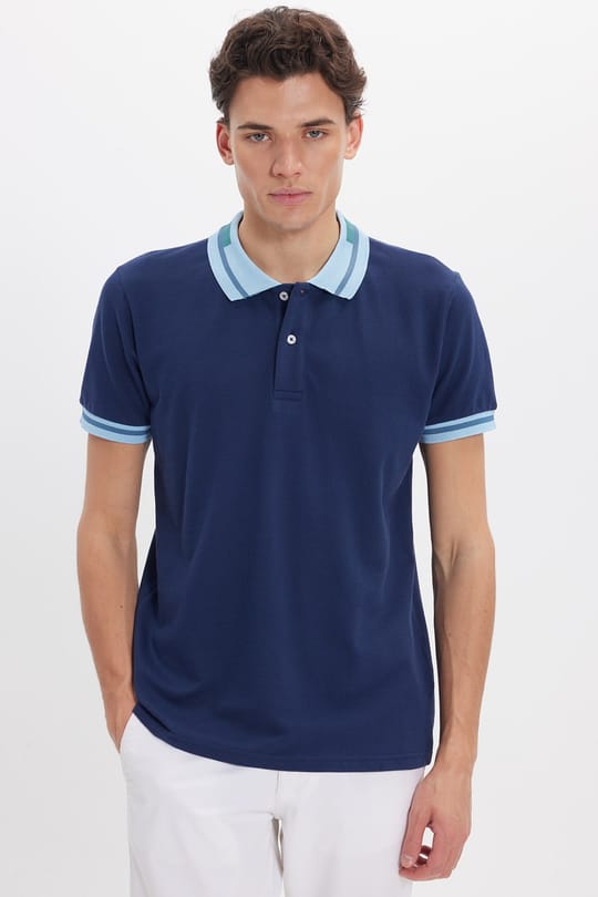 Erkek Slim Fit Dar Kesim %100 Pamuk Düz Pike Yaka ve Kol Detaylı Lacivert Polo Yaka Tişört