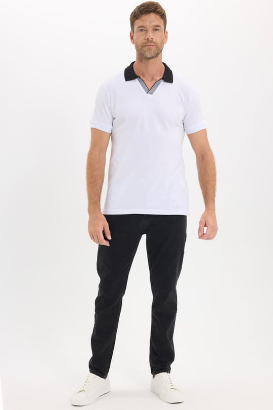 Erkek Slim Fit Dar Kesim %100 Pamuk Beyaz Polo Yaka Tişört