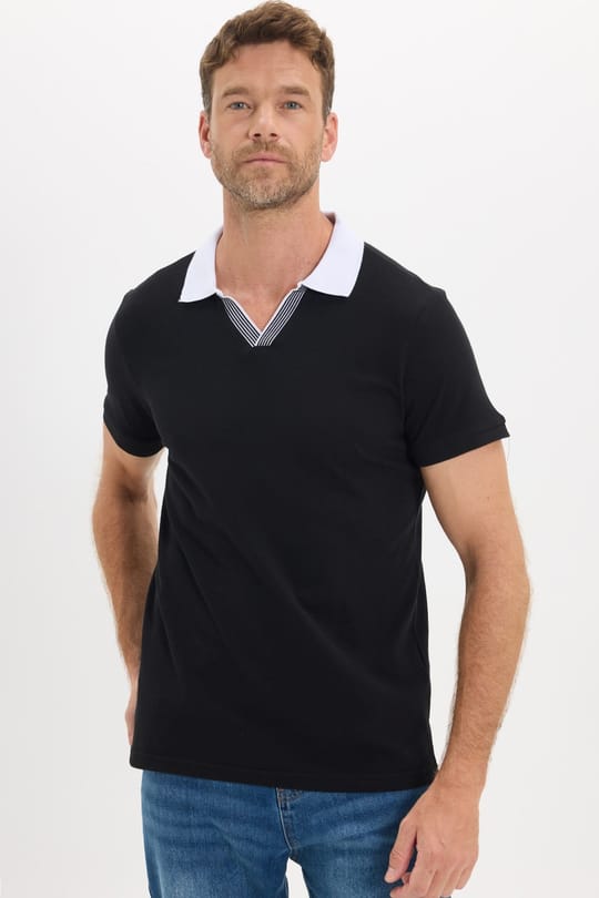Erkek Slim Fit Dar Kesim %100 Pamuk Siyah Polo Yaka Tişört