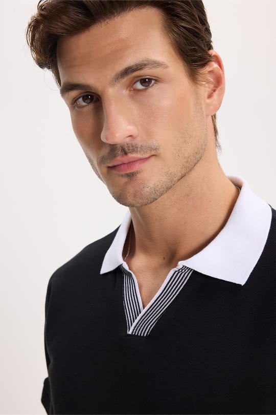 Erkek Slim Fit Dar Kesim %100 Pamuk Siyah Polo Yaka Tişört