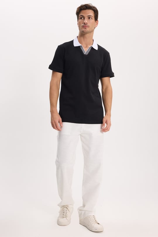 Erkek Slim Fit Dar Kesim %100 Pamuk Siyah Polo Yaka Tişört