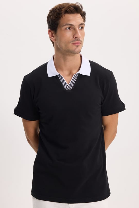 Erkek Slim Fit Dar Kesim %100 Pamuk Siyah Polo Yaka Tişört