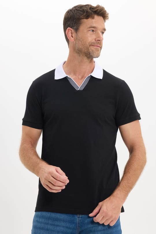 Erkek Slim Fit Dar Kesim %100 Pamuk Siyah Polo Yaka Tişört