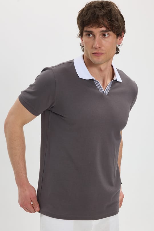 Erkek Slim Fit Dar Kesim %100 Pamuk Koyu Gri Polo Yaka Tişört