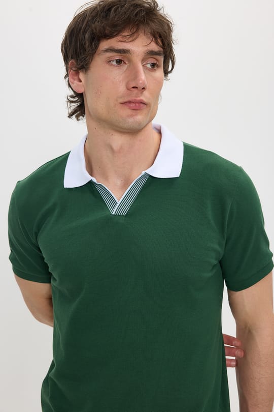 Erkek Slim Fit Dar Kesim %100 Pamuk Koyu Yeşil Polo Yaka Tişört
