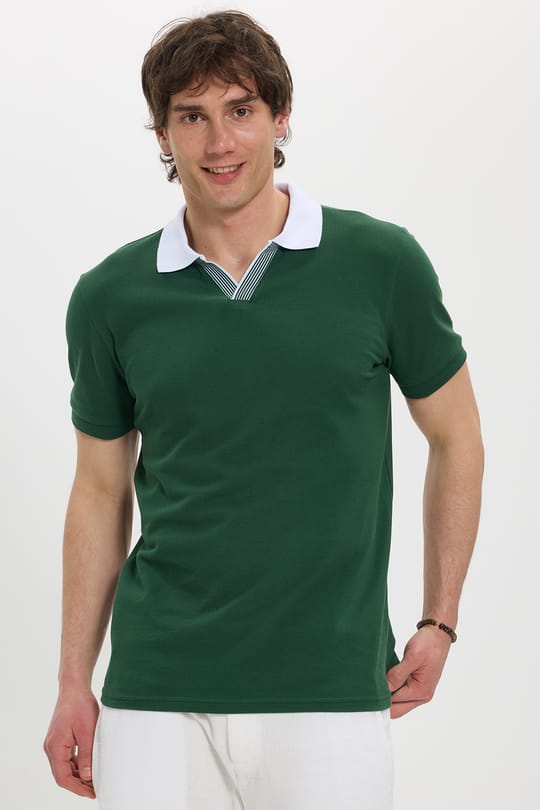 Erkek Slim Fit Dar Kesim %100 Pamuk Koyu Yeşil Polo Yaka Tişört