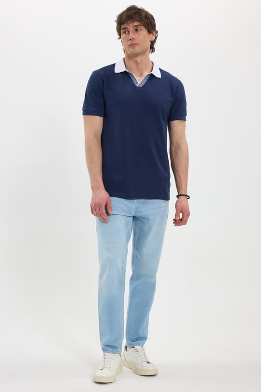 Erkek Slim Fit Dar Kesim %100 Pamuk Lacivert Polo Yaka Tişört