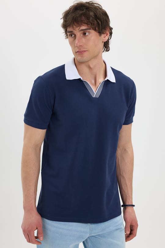 Erkek Slim Fit Dar Kesim %100 Pamuk Lacivert Polo Yaka Tişört