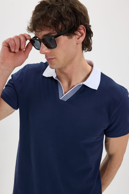Erkek Slim Fit Dar Kesim %100 Pamuk Lacivert Polo Yaka Tişört