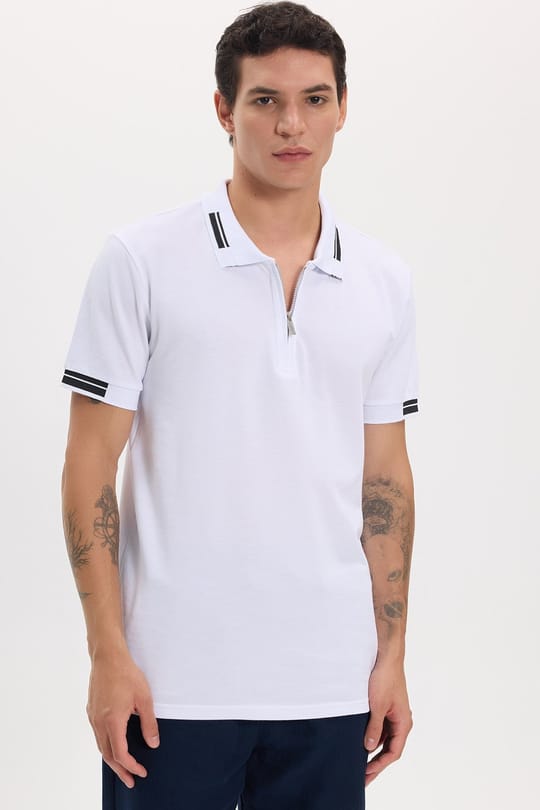 Erkek Slim Fit Dar Kesim %100 Pamuk Kısa Kollu Fermuarlı Beyaz Polo Yaka Tişört