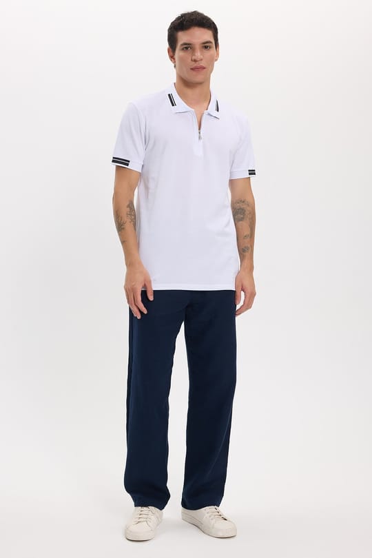 Erkek Slim Fit Dar Kesim %100 Pamuk Kısa Kollu Fermuarlı Beyaz Polo Yaka Tişört