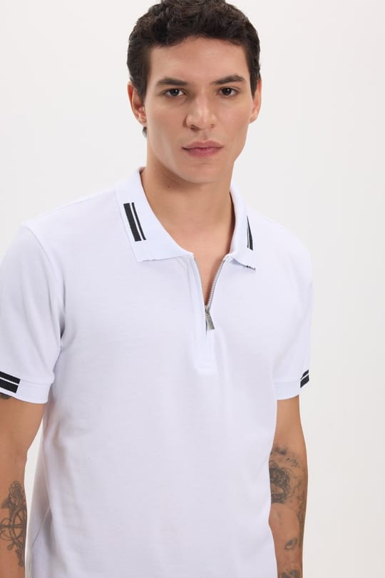 Erkek Slim Fit Dar Kesim %100 Pamuk Kısa Kollu Fermuarlı Beyaz Polo Yaka Tişört