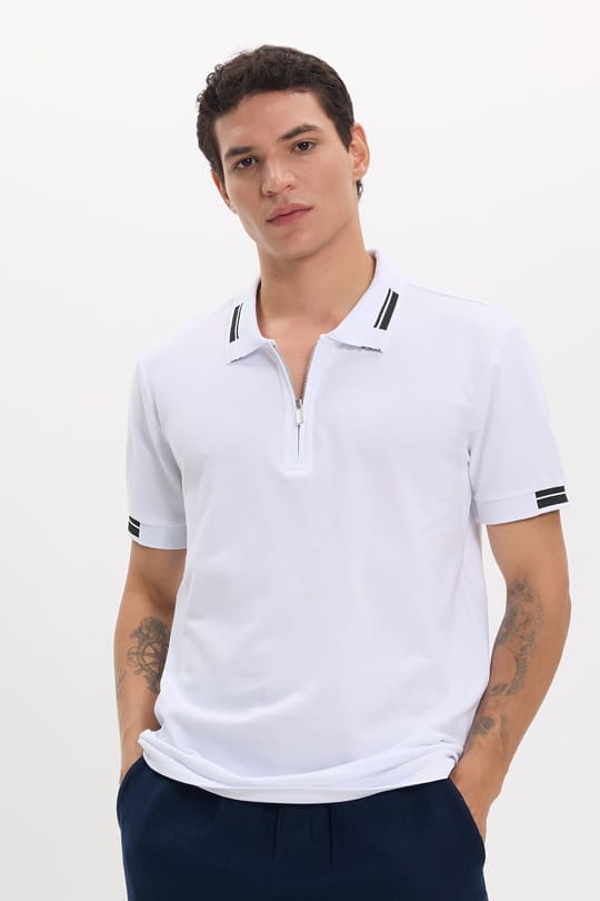 Erkek Slim Fit Dar Kesim %100 Pamuk Kısa Kollu Fermuarlı Beyaz Polo Yaka Tişört