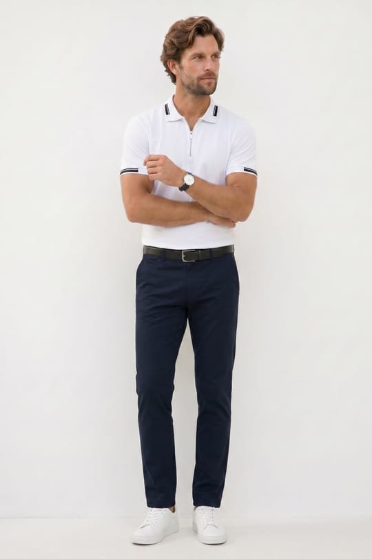 Erkek Slim Fit Dar Kesim %100 Pamuk Kısa Kollu Fermuarlı Beyaz Polo Yaka Tişört