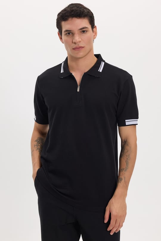 Erkek Slim Fit Dar Kesim %100 Pamuk Kısa Kollu Fermuarlı Siyah Polo Yaka Tişört