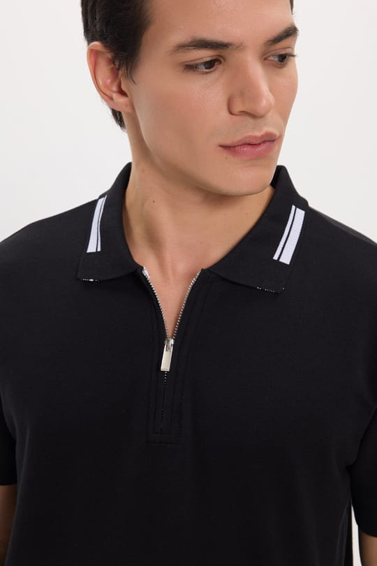 Erkek Slim Fit Dar Kesim %100 Pamuk Kısa Kollu Fermuarlı Siyah Polo Yaka Tişört