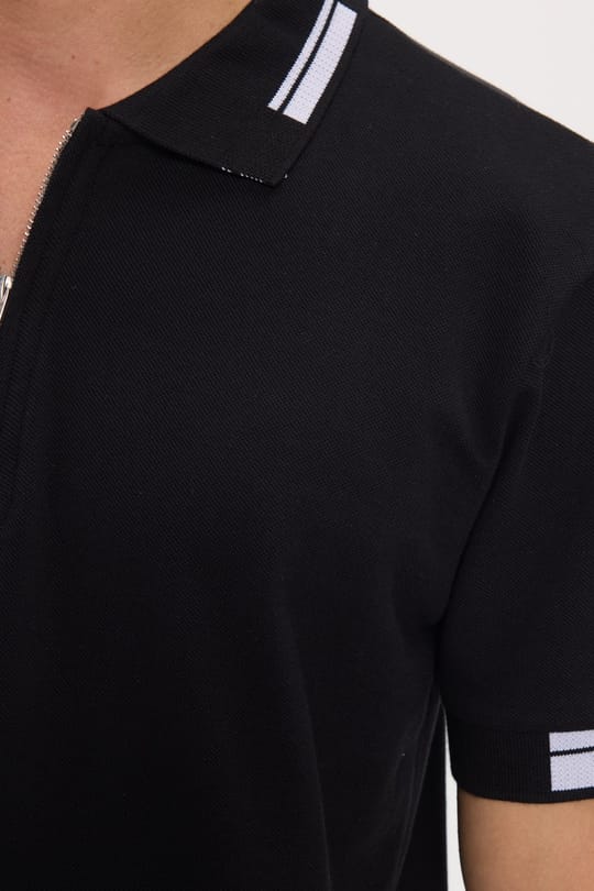 Erkek Slim Fit Dar Kesim %100 Pamuk Kısa Kollu Fermuarlı Siyah Polo Yaka Tişört