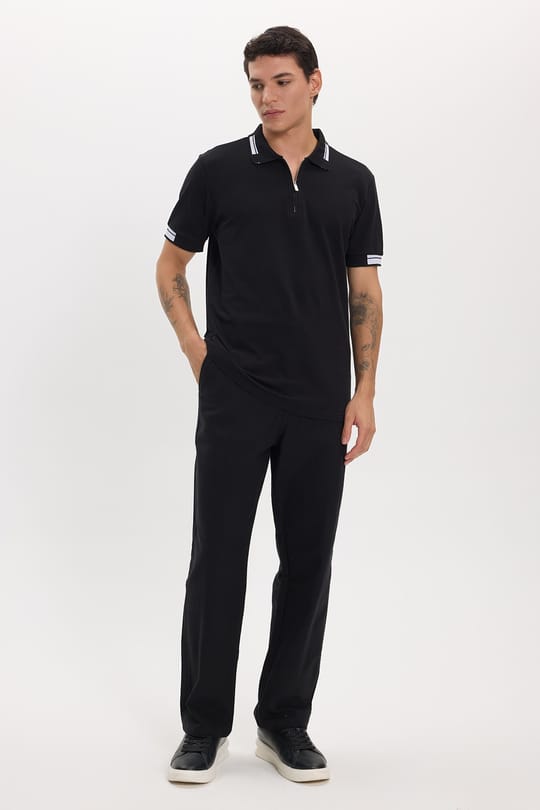 Erkek Slim Fit Dar Kesim %100 Pamuk Kısa Kollu Fermuarlı Siyah Polo Yaka Tişört