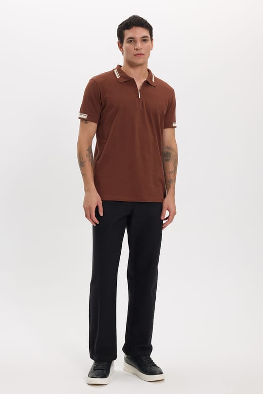Erkek Slim Fit Dar Kesim %100 Pamuk Kısa Kollu Fermuarlı Kahverengi Polo Yaka Tişört