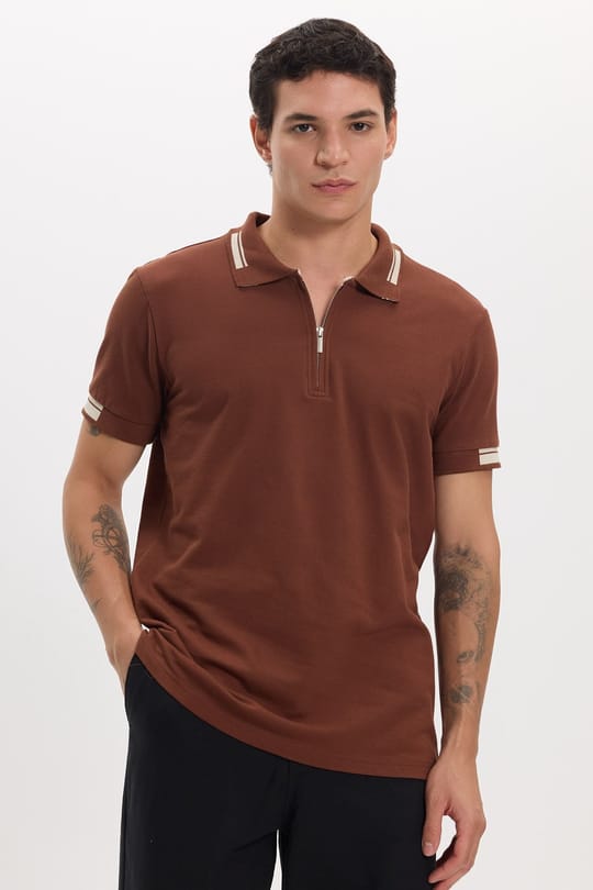 Erkek Slim Fit Dar Kesim %100 Pamuk Kısa Kollu Fermuarlı Kahverengi Polo Yaka Tişört