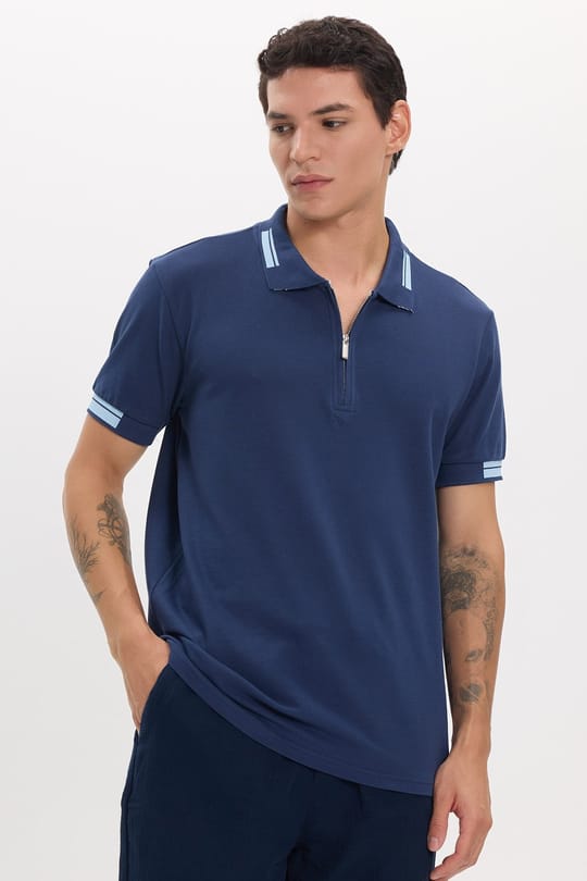Erkek Slim Fit Dar Kesim %100 Pamuk Kısa Kollu Fermuarlı Lacivert Polo Yaka Tişört