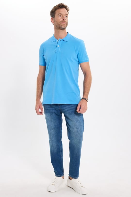 Erkek Slim Fit Dar Kesim Premium Seri %100 Pamuk Yumuşak Dokulu Merserize Mavi Polo Yaka Tişört