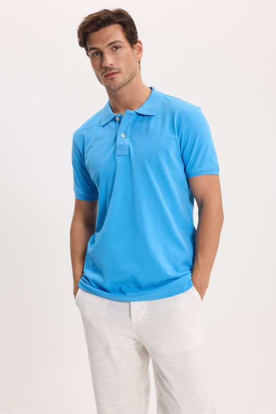 Erkek Slim Fit Dar Kesim Premium Seri %100 Pamuk Yumuşak Dokulu Merserize Mavi Polo Yaka Tişört 