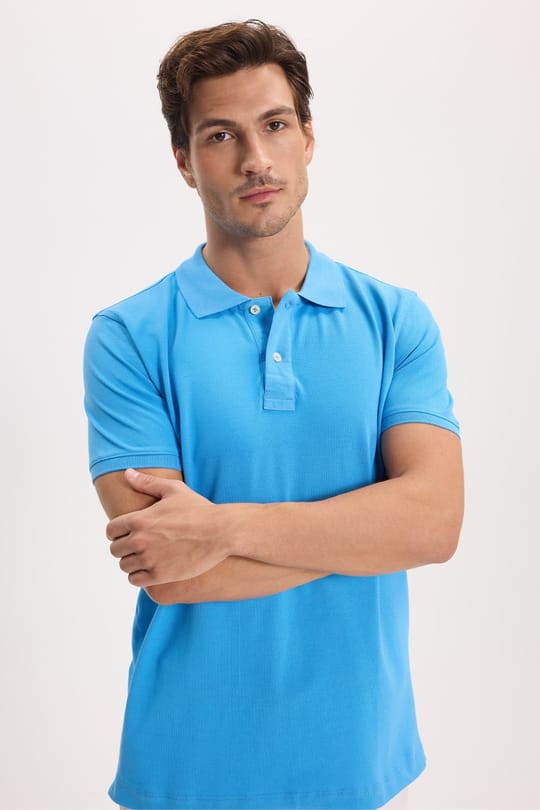 Erkek Slim Fit Dar Kesim Premium Seri %100 Pamuk Yumuşak Dokulu Merserize Mavi Polo Yaka Tişört 
