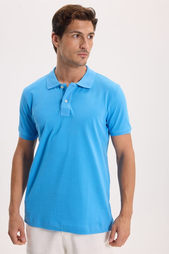 Erkek Slim Fit Dar Kesim Premium Seri %100 Pamuk Yumuşak Dokulu Merserize Mavi Polo Yaka Tişört 