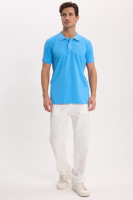 Erkek Slim Fit Dar Kesim Premium Seri %100 Pamuk Yumuşak Dokulu Merserize Mavi Polo Yaka Tişört 
