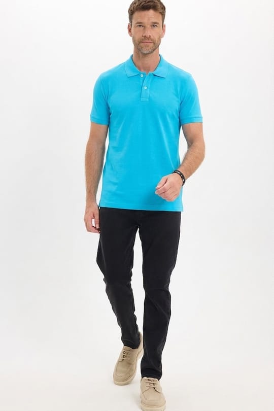 Erkek Slim Fit Dar Kesim Premium Seri %100 Pamuk Yumuşak Dokulu Merserize Mavi Polo Yaka Tişört