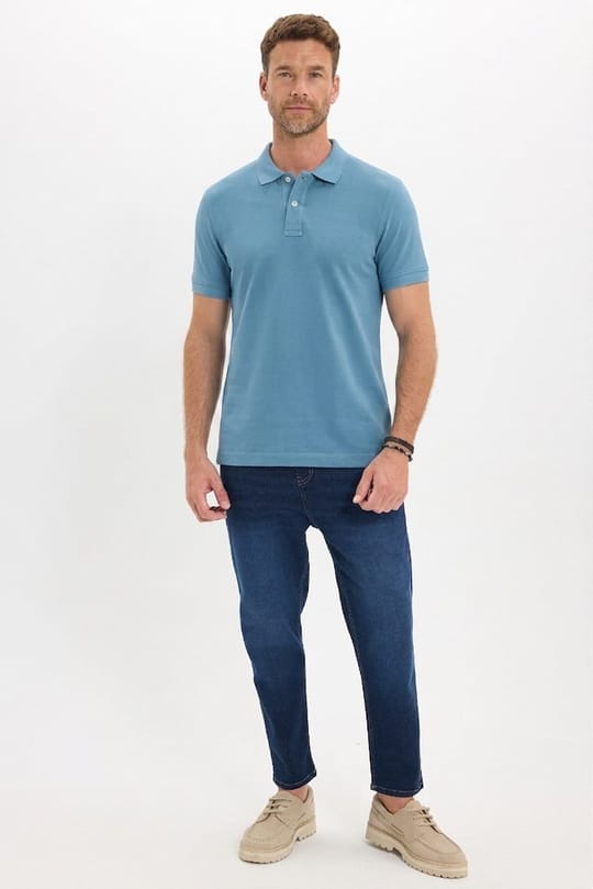 Erkek Slim Fit Dar Kesim Premium Seri %100 Pamuk Yumuşak Dokulu Merserize İndigo Polo Yaka Tişört