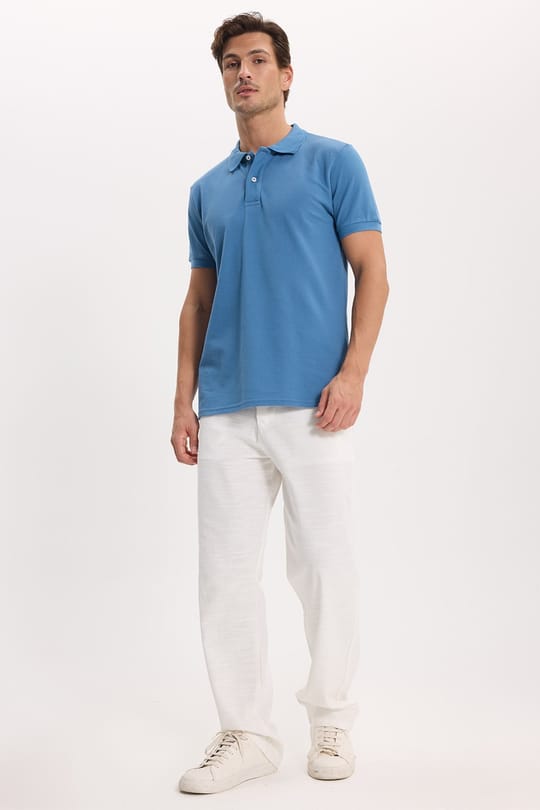 Erkek Slim Fit Dar Kesim Premium Seri %100 Pamuk Yumuşak Dokulu Merserize İndigo Polo Yaka Tişört 