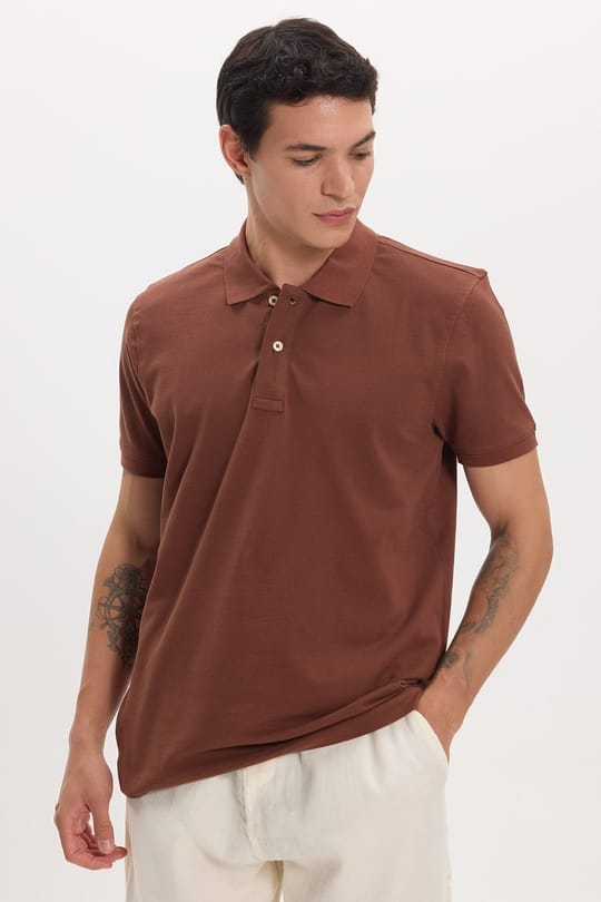 Erkek Slim Fit Dar Kesim Premium Seri %100 Pamuk Yumuşak Dokulu Merserize Kahverengi Polo Yaka Tişört 