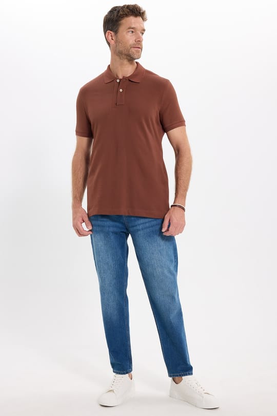 Erkek Slim Fit Dar Kesim Premium Seri %100 Pamuk Yumuşak Dokulu Merserize Kahverengi Polo Yaka Tişört